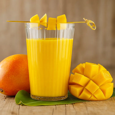Glass of mango juice with a sliced mango on a wooden surface